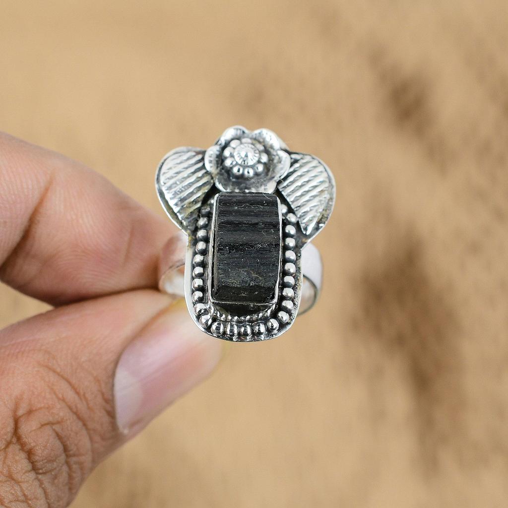 Sterling Silver Black Tourmaline Rough Stone Birthday Promise Flower Trendy Ring