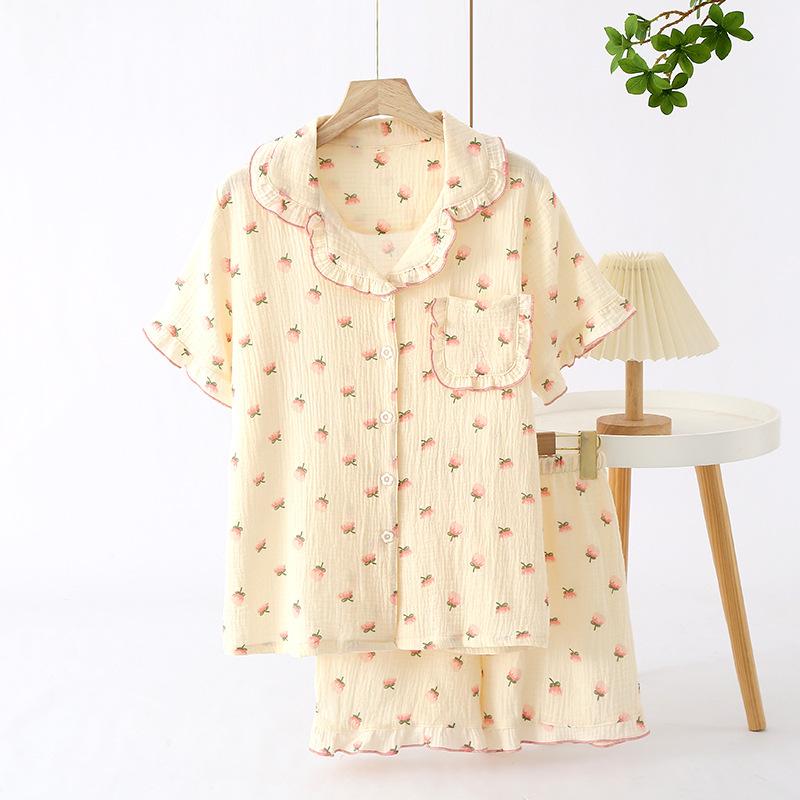 Crepe cotton seersucker women's summer short-sleeved shorts fungus lace collar pajamas set loungewear