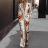 Costume Blazer Décontracté pour Femme Manches Longues Imprimé Floral Satiné Deux Pièces Assorties