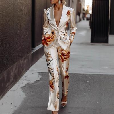 Dames Relaxed Fit Blazerpak Lange Mouw Bloemenprint Satijn Twee Delig Bijpassend Pak