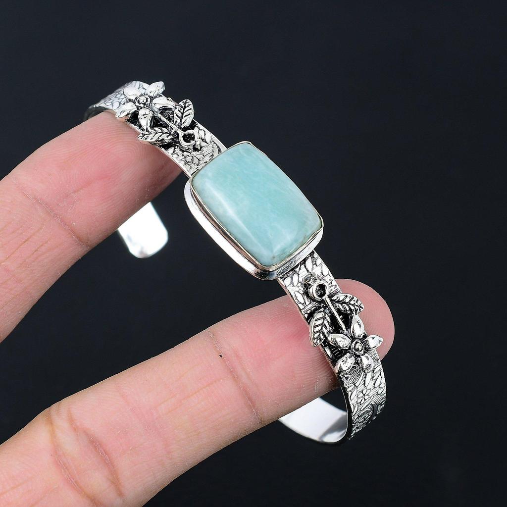 Halloween Deal Amazonite Stone 925 Silver Wife Flower Art Deco Bangle Bracelet