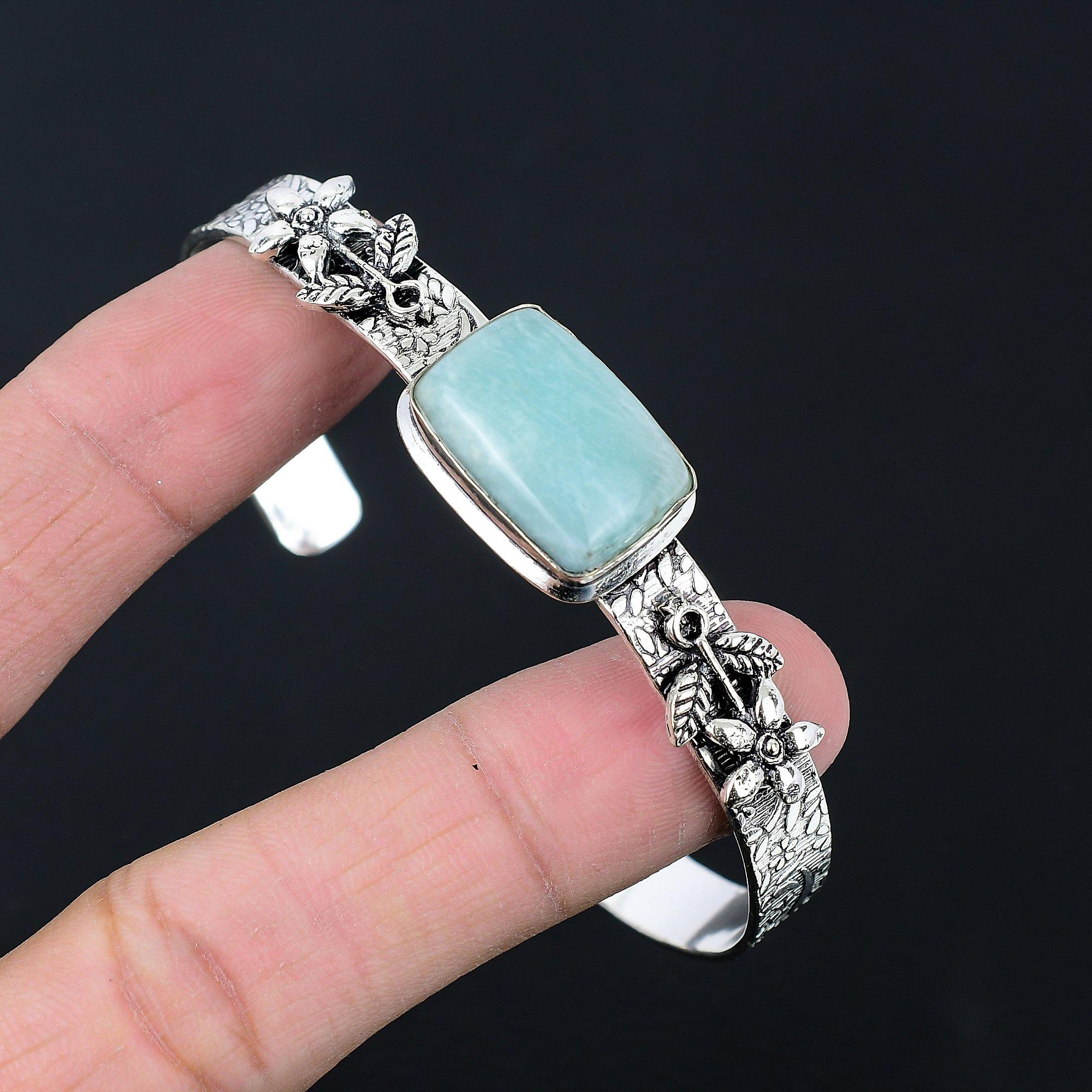 

Halloween Deal Amazonite Stone 925 Silver Wife Flower Art Deco Bangle Bracelet Adjustable