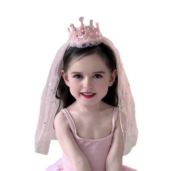 

Girl Crown Headband with Sequins Imitation Pearls Princess-Style Crown Mesh Veil Toddler Princess Headpiece Baby Girl Photo Accessory розовый