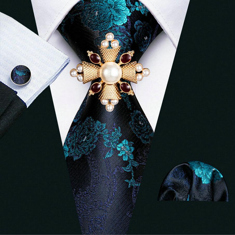 16 Styles Tie with Pearl Brooch for Men Paisley Woven Necktie Hanky Cufflinks Set Wedding Formal