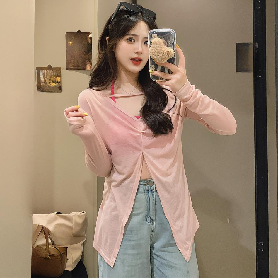 2025 spring Summer V-neck Sunscreen Thin Lazy Loose Long Sleeve T-shirts casual loose solid perspective Front and Back Double Top for Women t shirt