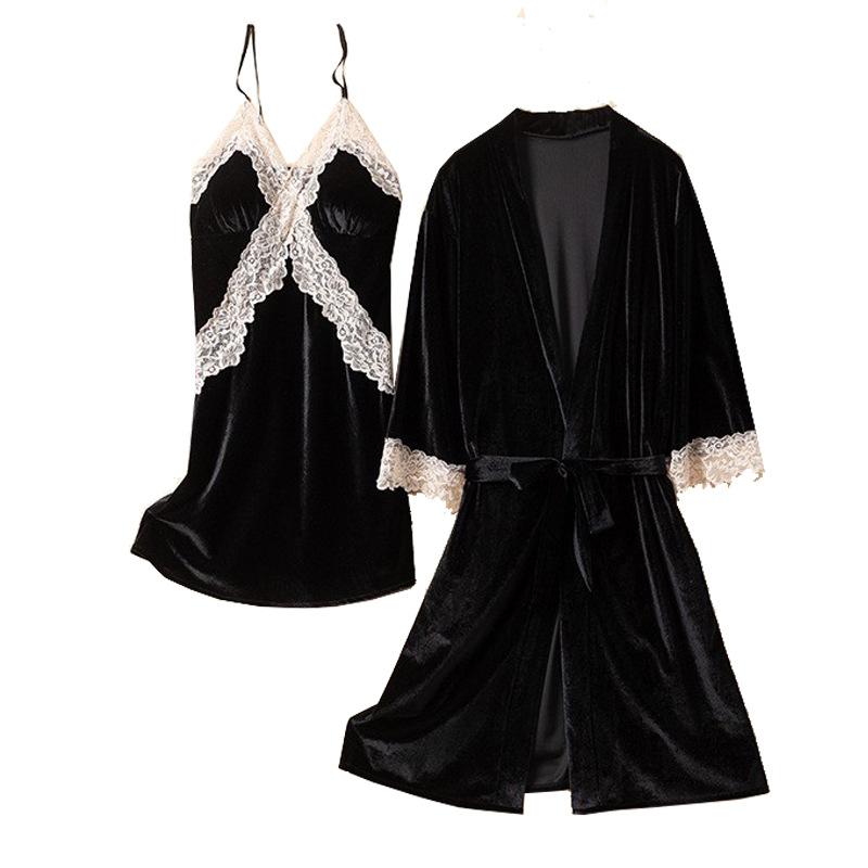 Women Winter Thick Flannel Velvet Pajamas Female Fall Sexy Lace Long-sleeved Suit with Corset Pads Sling Nightgown Robe Homewear