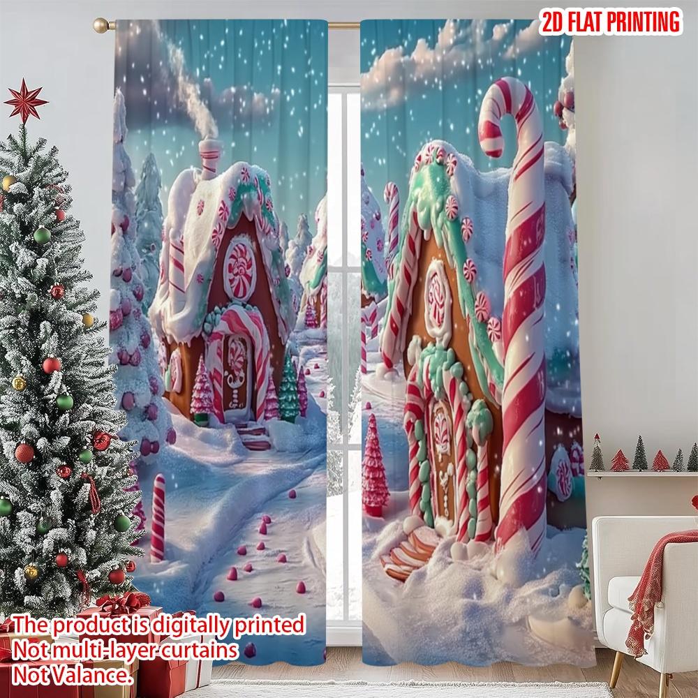 

Set Of 2 Flat Printing Christmas Party Curtains Merry Digital Printed Polyester Drapes Family Use Event Curtain W100*H70(CM)-Grommet top&2PCS