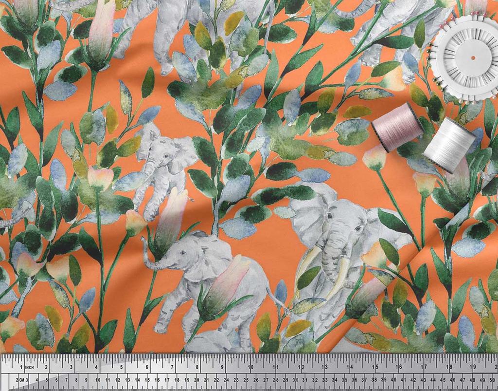 Soimoi Japan Crepe Satin Fabric Leaves,Floral & Elephant Animal Printed Craft Fabric by the metre 42 Inch
