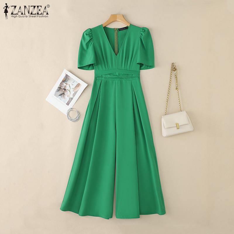 ZANZEA Women Casual V-Neck Summer Short Sleeve Wide Leg Jumpsuits
