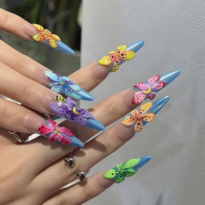 3D Embossed Colorful Flower Long Stiletto Nail Art Stickers - European/American Style Detachable Fake Nails