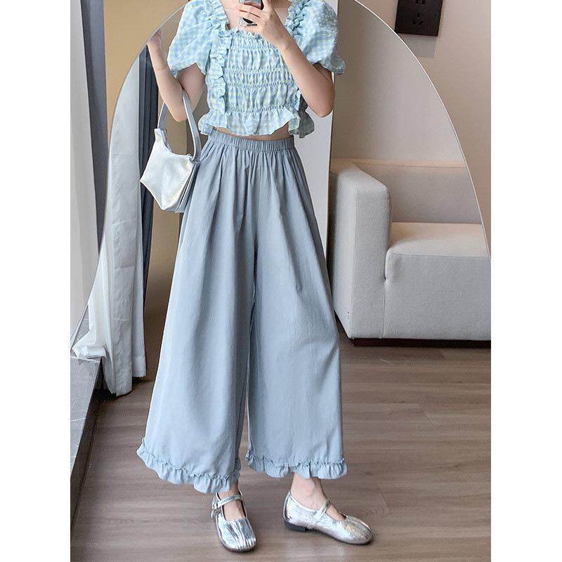 

Wood Ear Trim Cotton-Linen Wide Leg Skirt-Pants: Slimming, Loose, Micro Flare, Lace Nine-Point for Spring/Summer S (80-95 lbs) сірий колір/синій