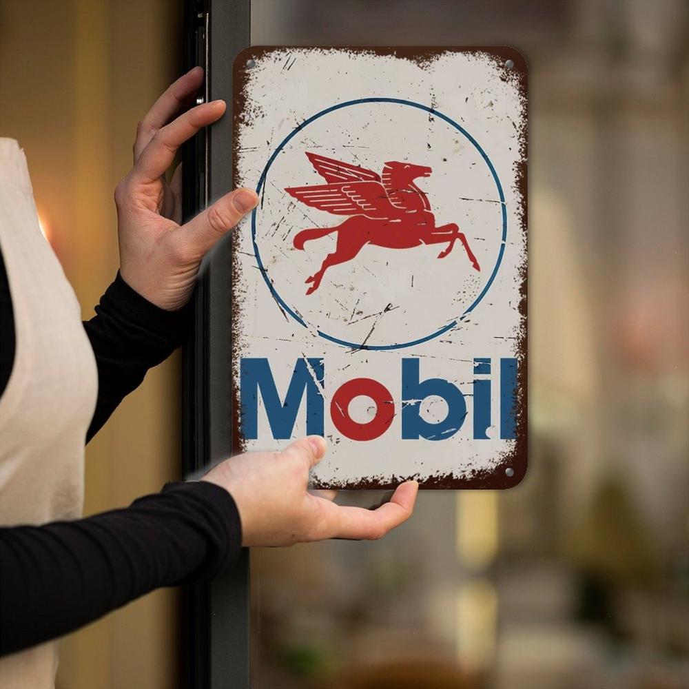 Tin Sign Mobil Logo Rustic Rust Oil Gas Station Wall Sign Decor Auto Shop Garage Cave, Any Occasion Gift