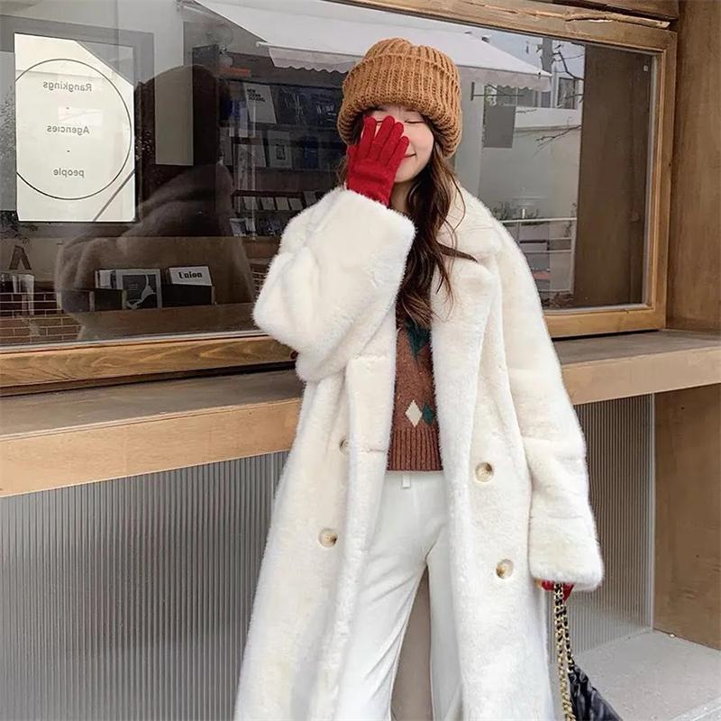

Autumn and Winter Women Loose Environmentally Imitation Rabbit Fur Coat Long Thick Warm Temperament Loose Suit Collar Coat XXL білий