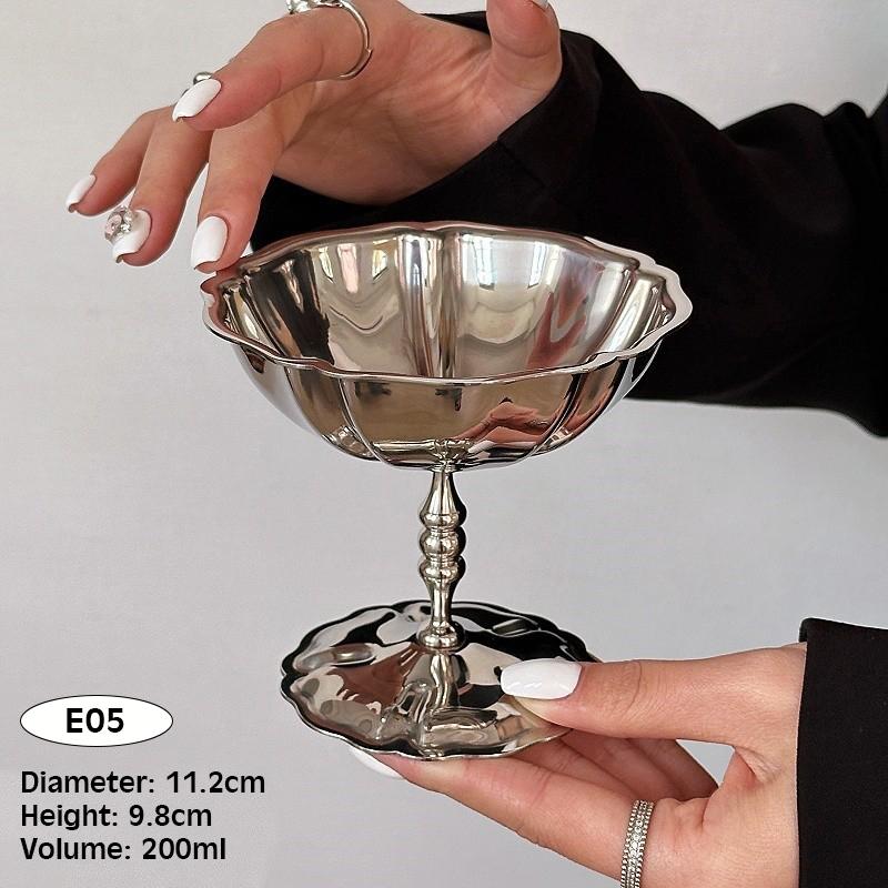 Palace Style Goblet Stainless Steel Ice Cream Dessert Pudding Cup Bowls Salad Goblet Retro High Base Bowl Photo Props