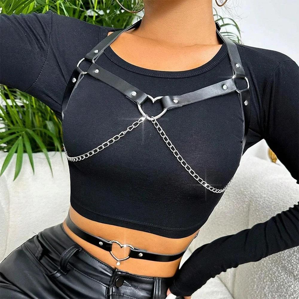 Women Sexy Body Harness Belt Chest Harness Heart Leather Lingerie Bondage Fetish Wear Goth Clothing Harness Erotic Accessorie