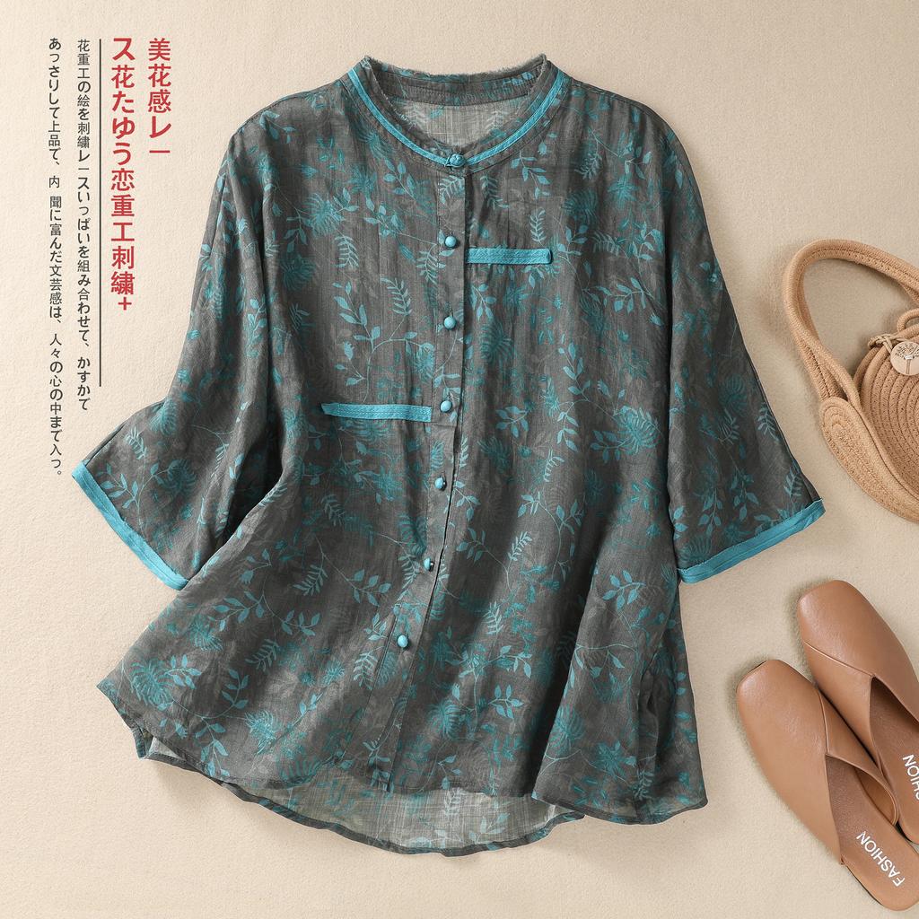 2025 summer new printed cotton and linen shirt women's loose large size round neck five-quarter sleeve thin floral cardigan top