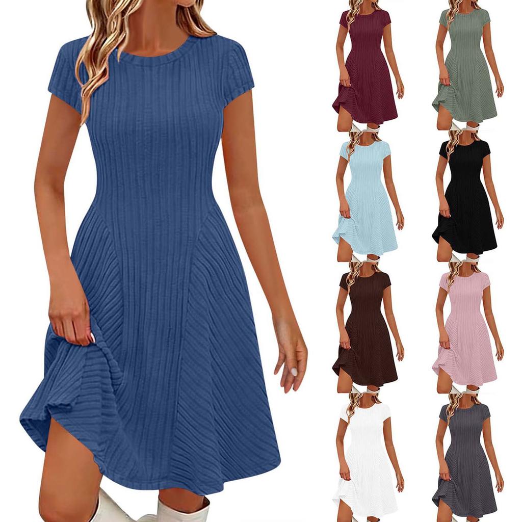 Women's Ribbed Knit Short Sleeve Round Neck Midi Dress Casual Swing Fit a Line Sundress