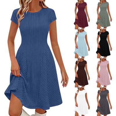 Women's Ribbed Knit Short Sleeve Round Neck Midi Dress Casual Swing Fit a Line Sundress