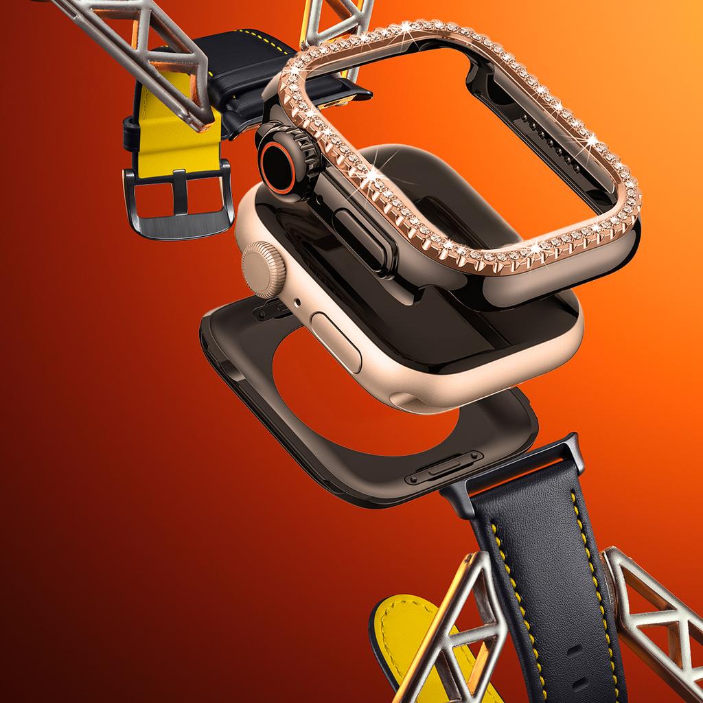 Lesklý Glamour Diamantový Dutý Ochranný Nárazuvzdorný Kryt iWatch Watchase Pro Apple Watch Kovový 44mm 45mm Bling Kryt pro iwatch SE/9/8/7/6/5