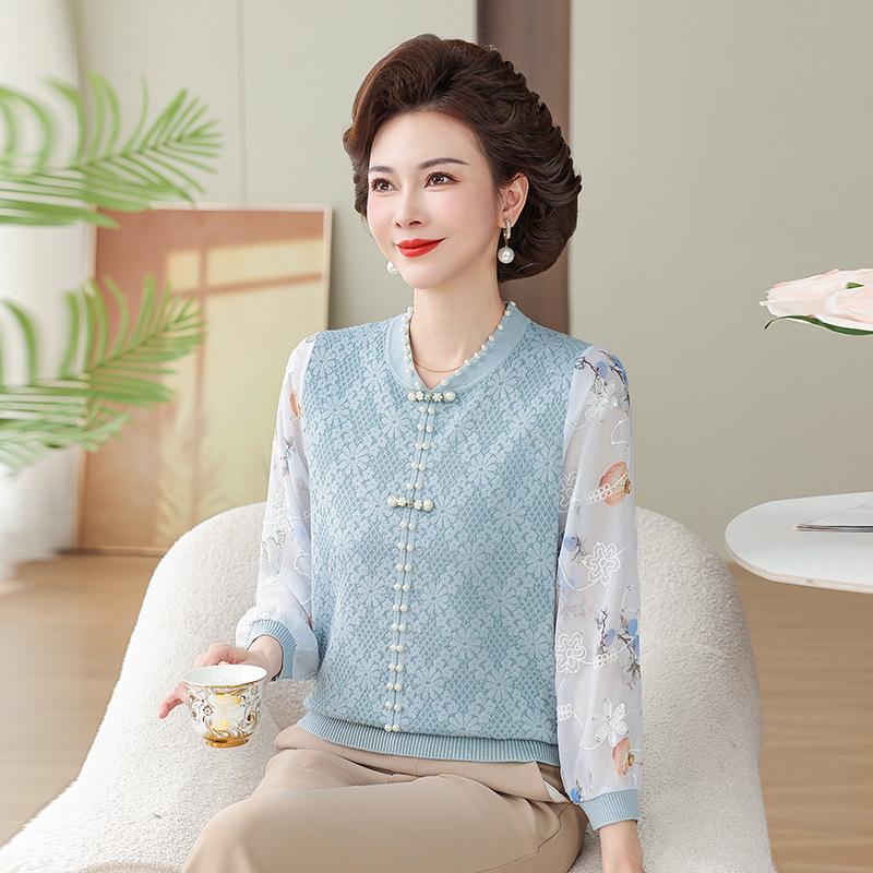 

2026 Spring Ice Silk Seven-Sleeve T-shirt for Middle-Aged & Elderly Women 110 (for 80-110 lbs) циан