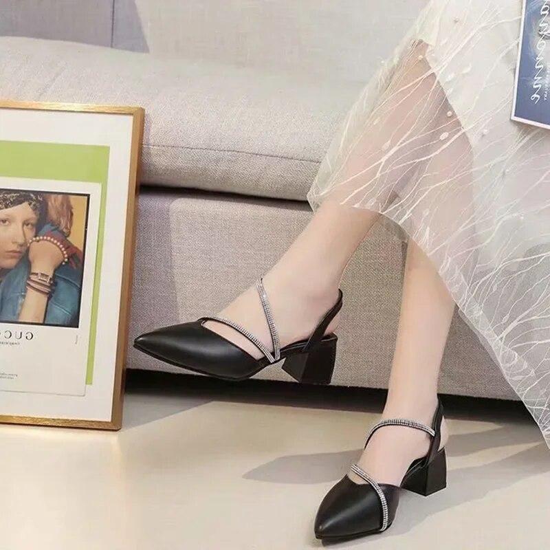 Summer Shoes Women Sandals Fashion Modern Ladies High Heels Pointed toe Elegant Woman Party Shoes Square Heel 5cm