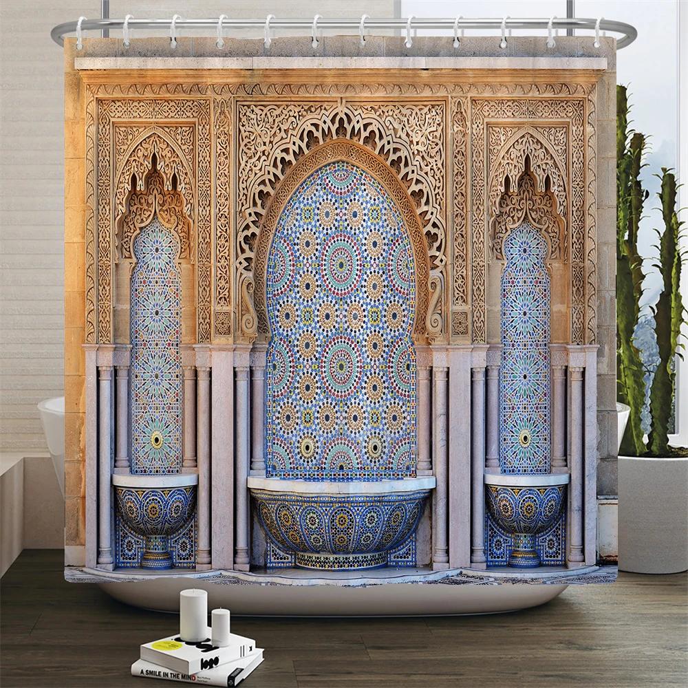 3D Moroccan Style Shower Curtain European Architectural Landscape Printed Waterproof Polyester Bathroom Curtain Decor With Hooks