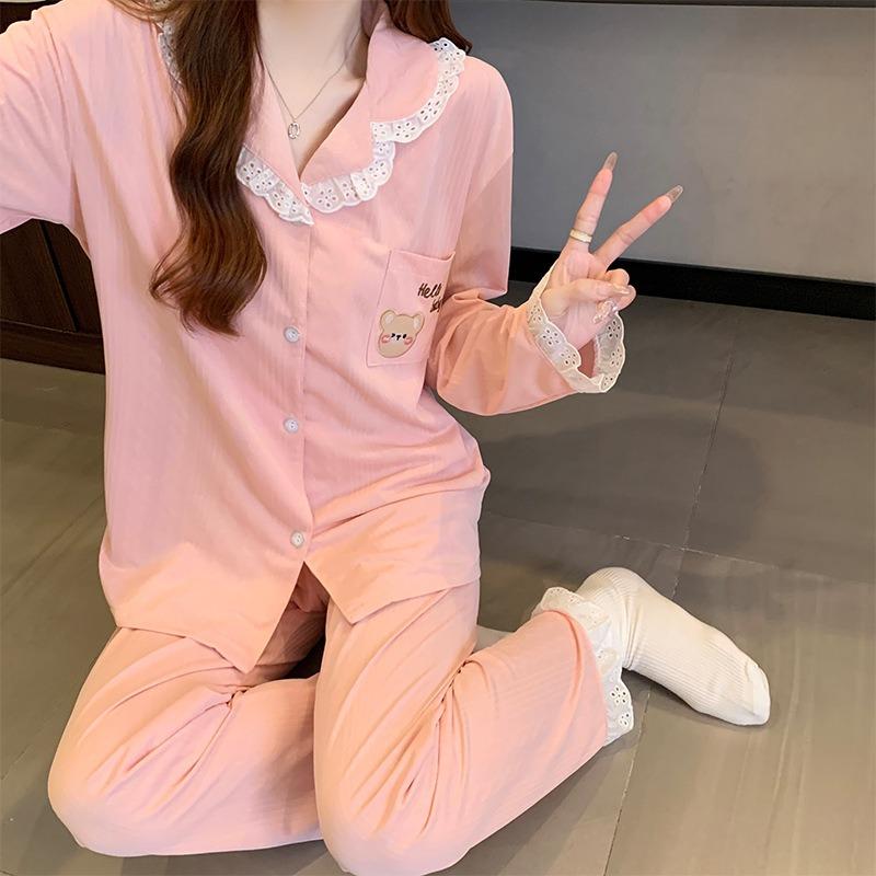 Sweet embroidery cartoon pajamas women's spring new jacquard contrasting lace long-sleeved sweet loungewear set