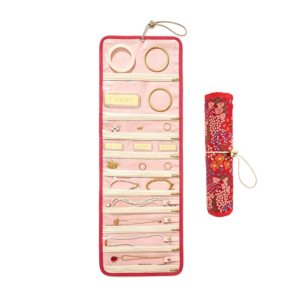 Portable Roll-Up Jewelry Organizer with Embroidered Cover, Lightweight Travel Jewelry Storage Pouch for Necklaces, Bracelets