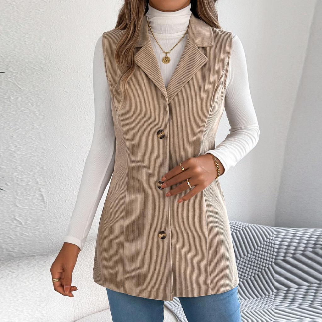 Women's Fashionable Solid Color Sleeveless Lapel Button Vest Jacket