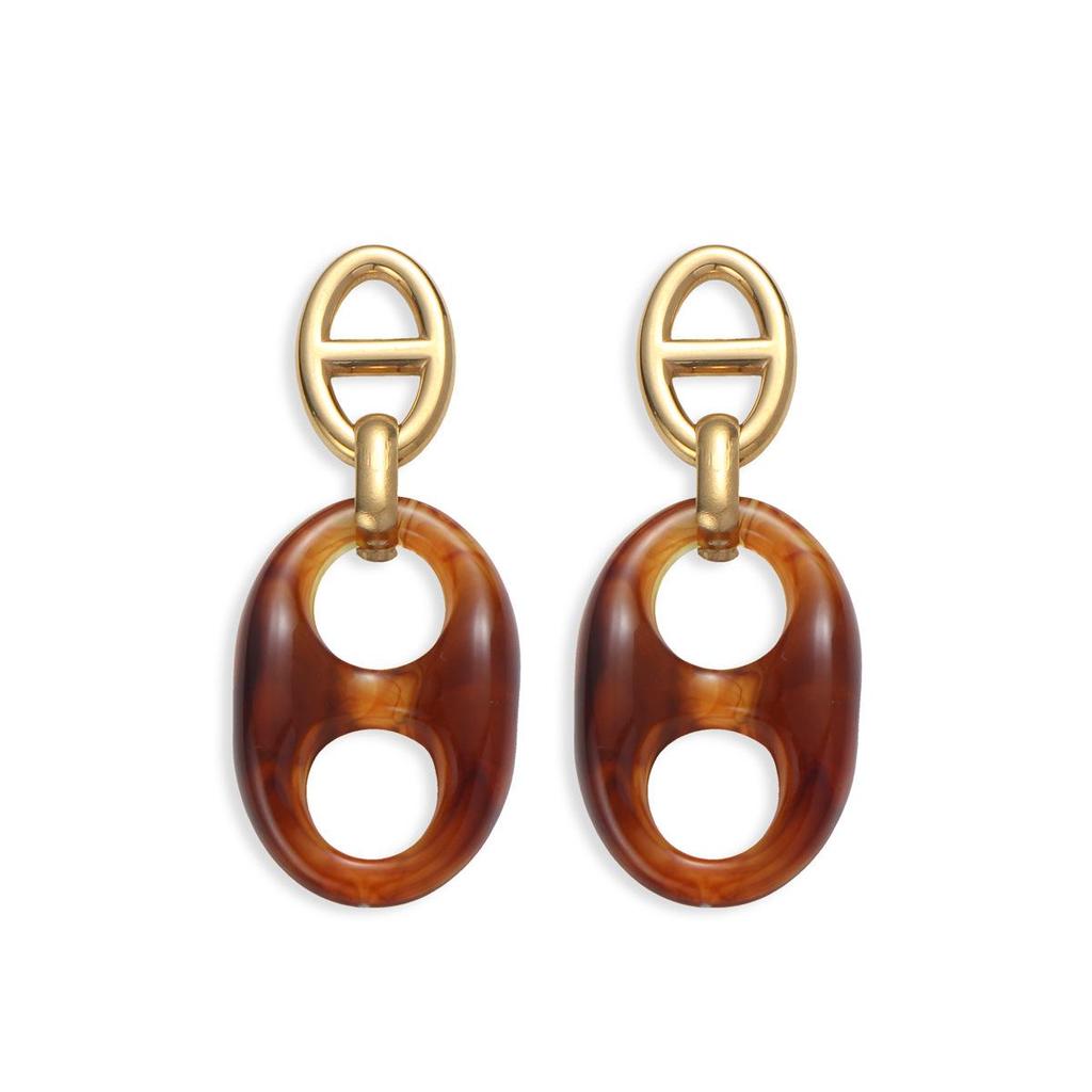 Amber Resin Pig Nose Buckle Dangle Earrings for Women - Retro 304 Stainless Steel Design