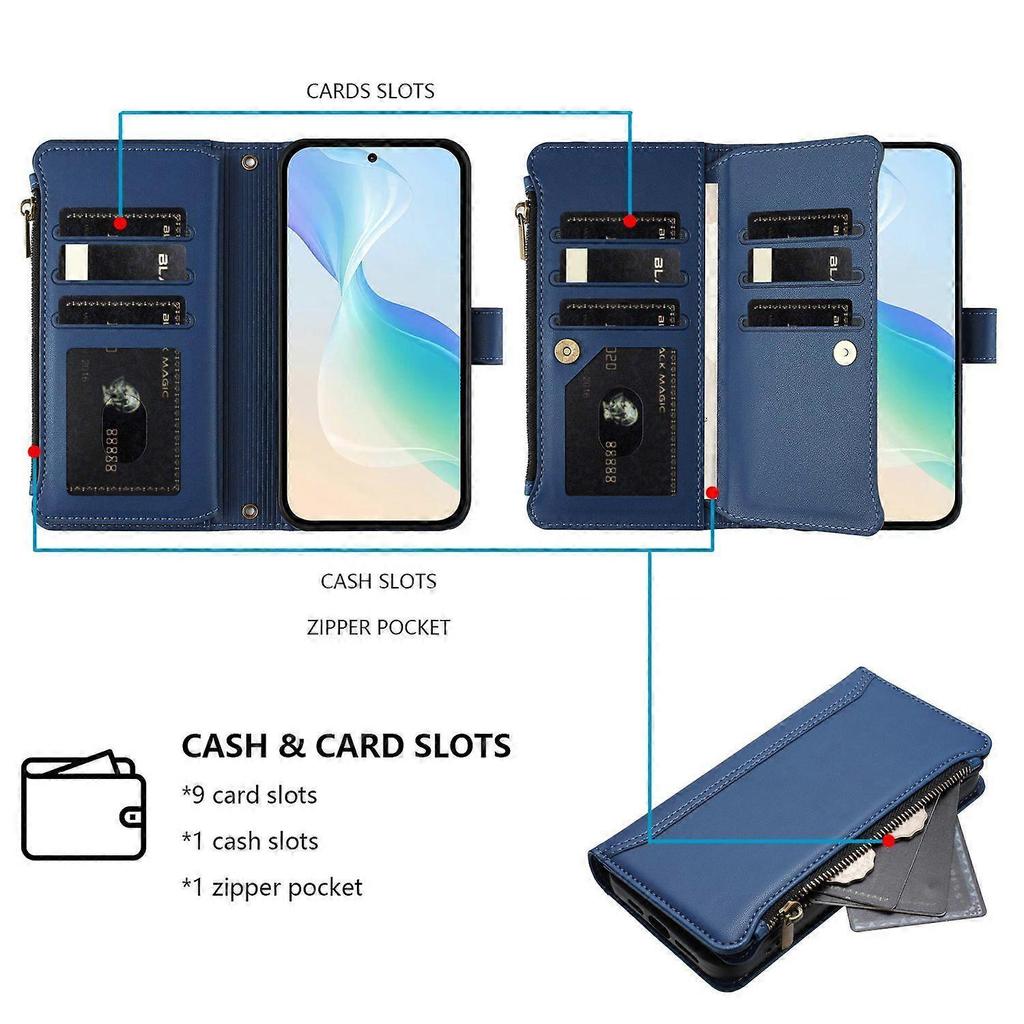 Case for Samsung Galaxy A32 4G Premium Leather Zipper Pocket Wallet Phone Case with 9 Card Slots and Detachable Wrist Strap