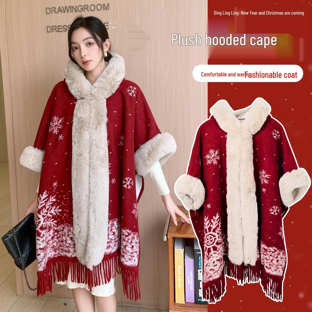 Damen Kapuzenmantel mit Kragen aus Kunstotterfell – Schneeflocken-Jacquard Winteroberbekleidung