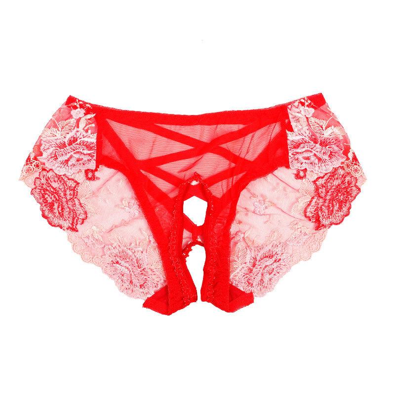 New Charming Open-crotch Panties for Women's Transparent Breathable Low-rise Triangular Hollowed-out Hot Temptation Embroidered Panties