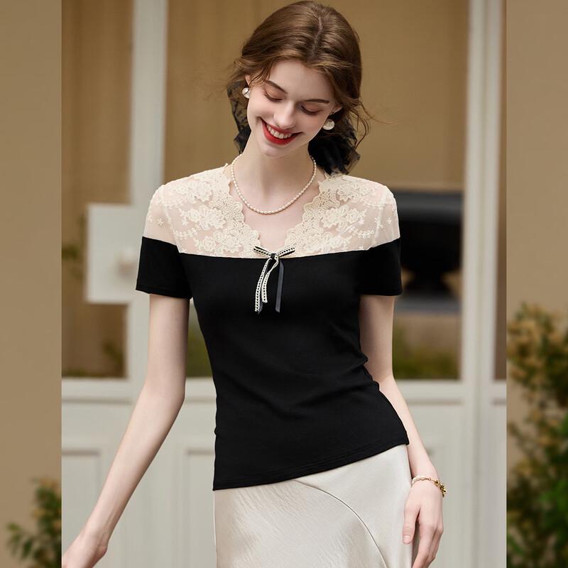 Bailuyu Women s Elegant V-Neck Lace T-Shirt with Bow Detail S
