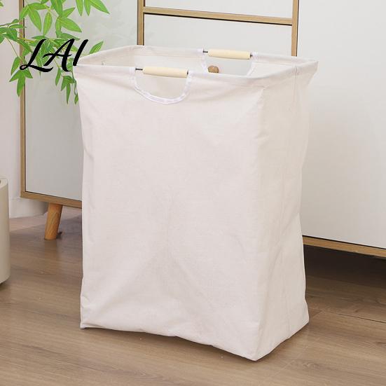 Cotton And Linen Laundry Organizer Basket with Wooden Handles Large Space Saving Bag Basket Storage Foldable for Families Collapsible Hamper