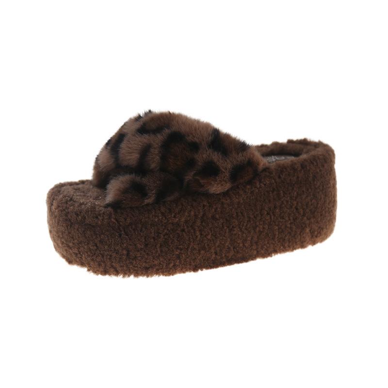 

Cross slope heel fashion Internet celebrity with skirt fluffy slippers women s autumn and winter wear 2025 new leopard print velvet cotton mop 40