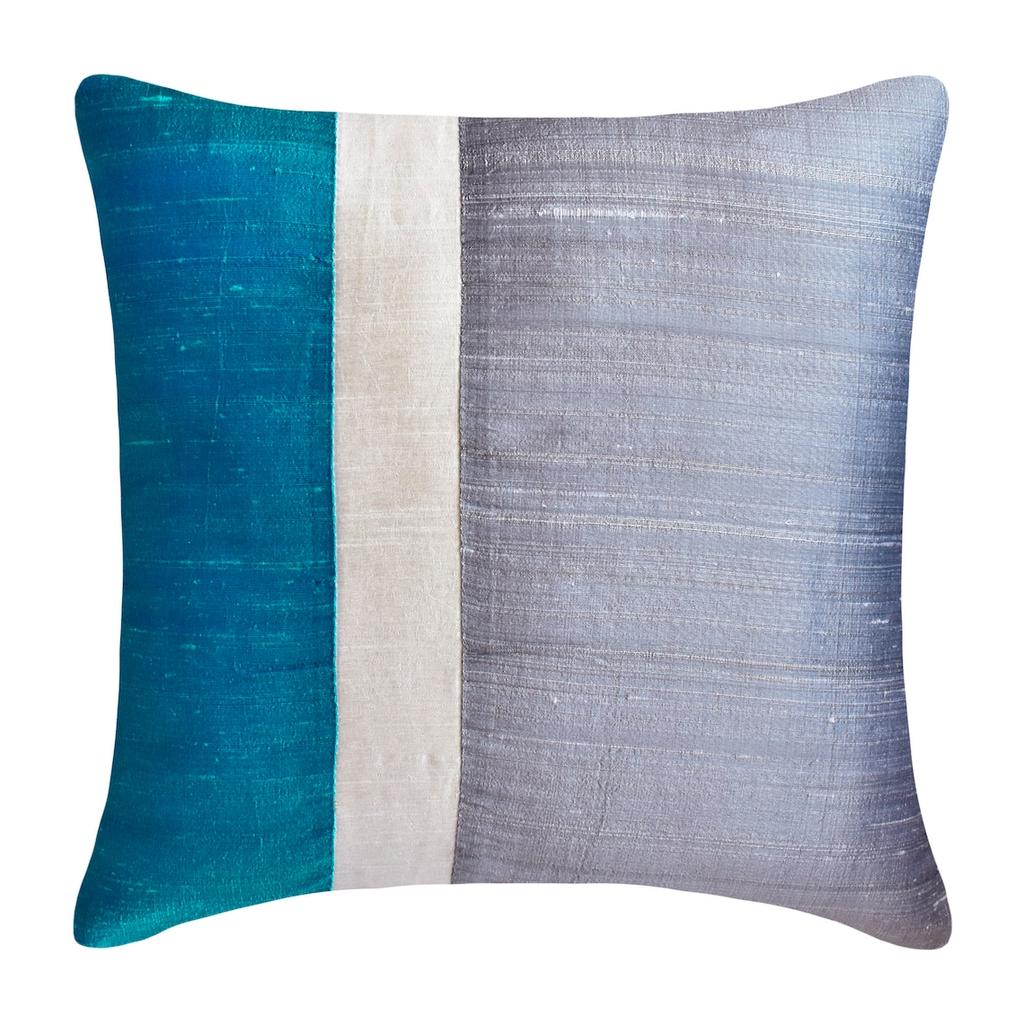The HomeCentric Chair Cushion Cover Decorative Blue & Grey Throw Pillow Covers Silk Color Block Patchwork Pattern Modern Style - Splendour Blue