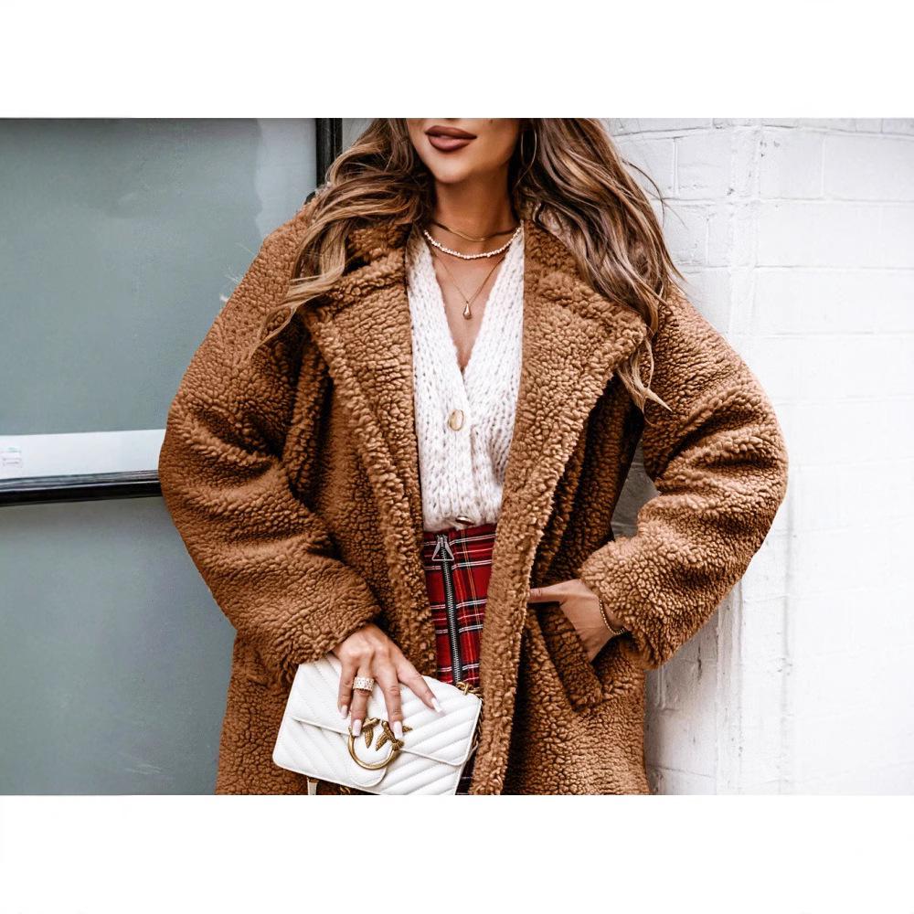 2025 Fall/Winter Furry Long-Sleeve Plush Top with Turn-Down Collar for Women