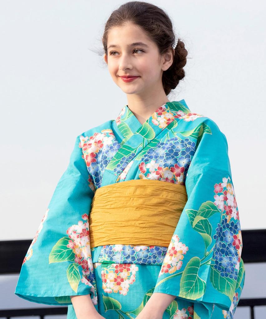 Yukata Retro Change Set Heiko Girls In the Summer [KYOETSU] Set, Girls, Junior, C, Weave, 2-piece (Yukata, Obi), (140cm, 2.Hydrangea Sky)