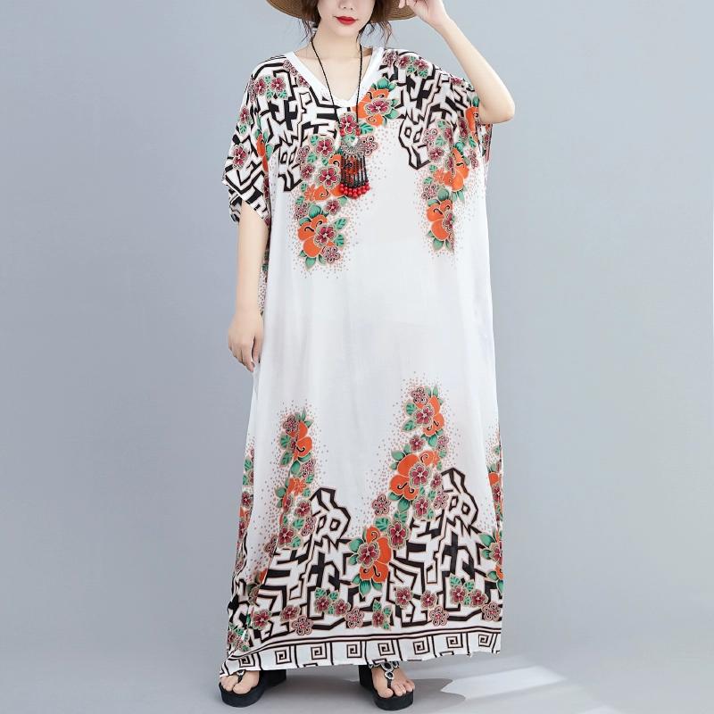DIMANAF 2024 Plus Size Dress Women Summer V-Neck Sundress Bohemian Floral Print Loose Big Oversize Maxi Dress 214