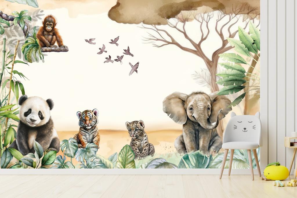Children's photo wallpaper safari savanna tiger, leopard, elephant M126 200x135