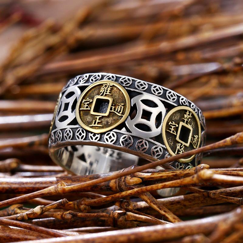 Five Emperors Money National Trend Ring Men's Retro Open Ring Five Emperors Money Ring