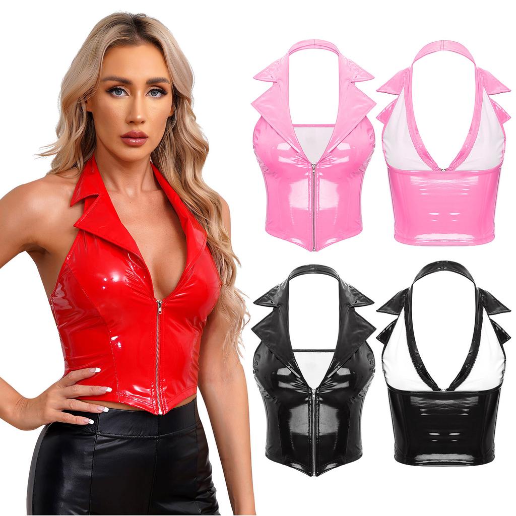 Womens Shiny Patent Leather Vest Halter Lapel Backless Deep V Neck Slim Fit Waistcoat Sexy Nightclub Wear