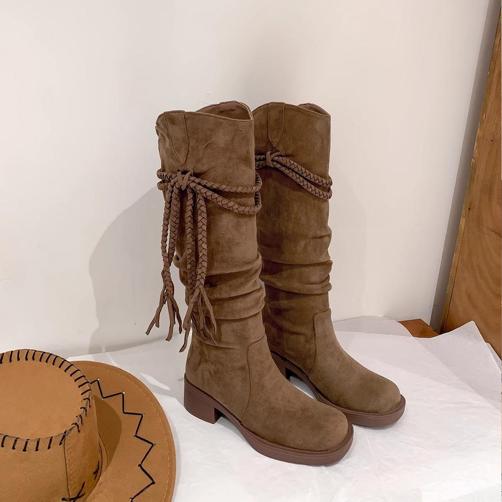 Retro wasteland fringed knight boots women's 2025 autumn new thick heel but knee boots slim pile boots