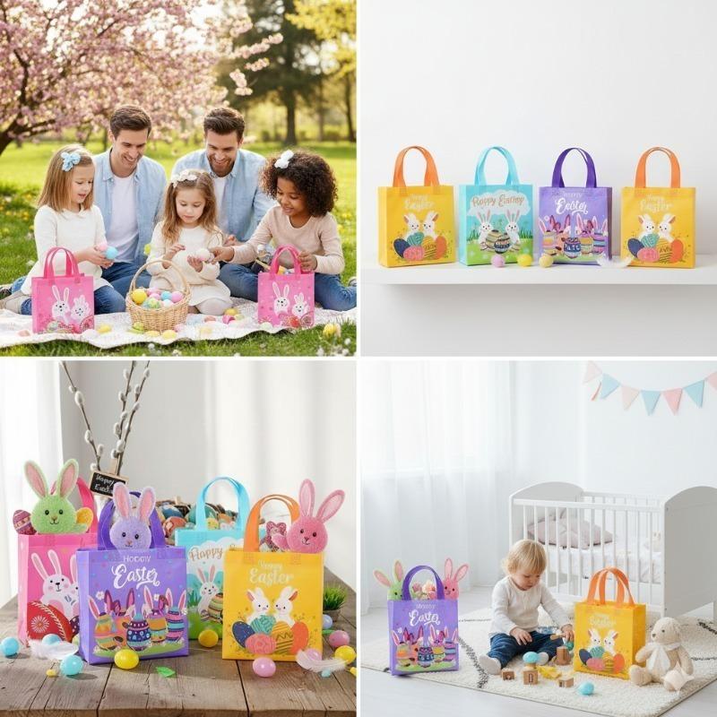 1-10PCS Easter Non Woven Tote BagDurable Dustproof Moistureproof Foldable GiftShopping Bag BunnyEgg Print Retail Merchandise Bag