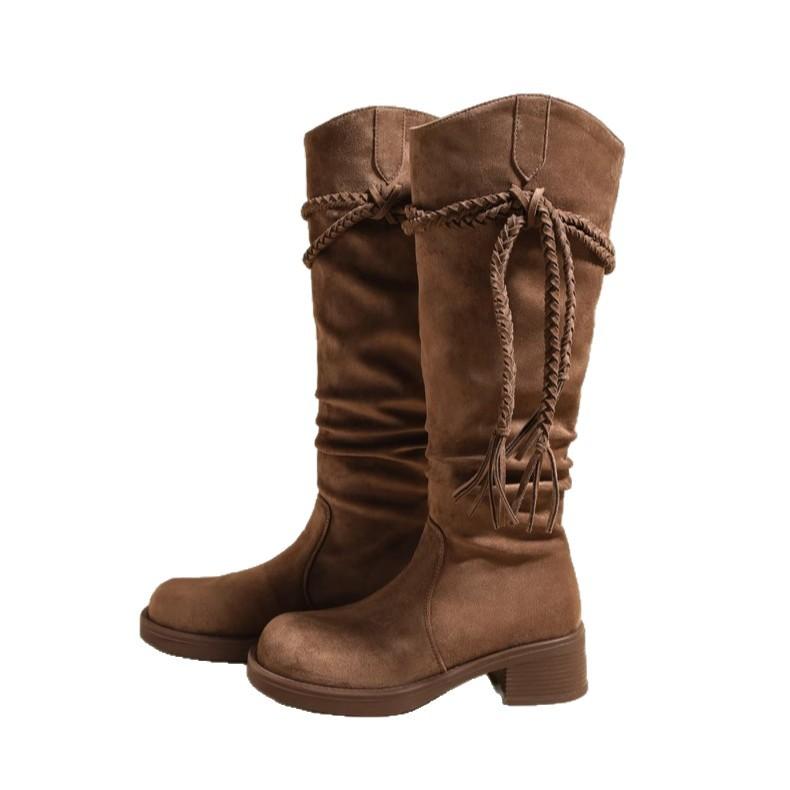 Cowhide Version Wasteland Wind Knight Boots Children But Knee High Boots Fringed Stacking Boots Thick Heel Thin Long Boots