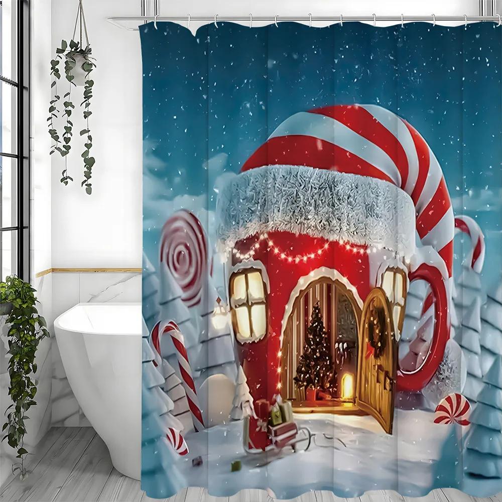 GAEChristmas Candy Cottage Shower Curtain Washable Dirt-Resistant Shower Head waterproof Polyester Bath Curtain For Home Decor