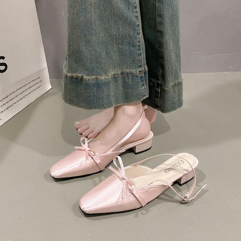 Gentle fairy Mary Jane shoes 2025 French temperament socialite bow square head light mouth empty evening sandals