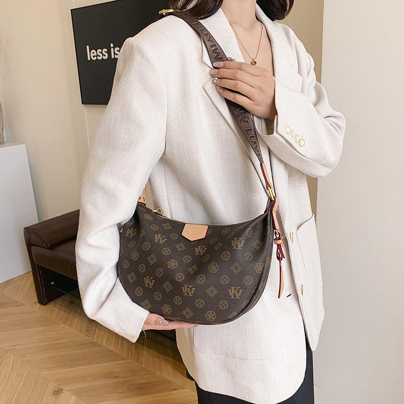 Elegant Women's 2025 Retro Monogram Dumpling Crossbody Handbag with Wide Strap and Large Capacity