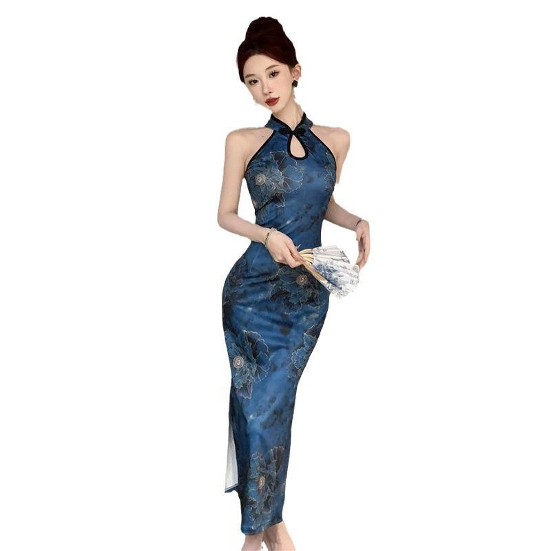 New women's clothing retro printing split fork improved cheongsam slim dress
